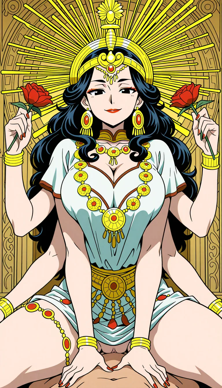 Beautiful, Maa Durga with multiple arms, ethnicity Hindu, Mother, Bengali Indian, long black curly hair, mid part hairstyle, Hindu Goddess crown, red lipstick, Big chest, Thick thighs and arms, thick pelvis, blouse with intricate patterns and traditional saree, Adorned Heavily in Indian Ornaments, black eyes, POV Sex, Symmetrical Tight Straddling Position, Having sex with viewer, vaginal sex, devine radiance, Calm and Graceful Expression, confident smile with Erotic Expressions, flowers around in Symmetrical order, holding flowers, floral necklace, Indian Hindu Art