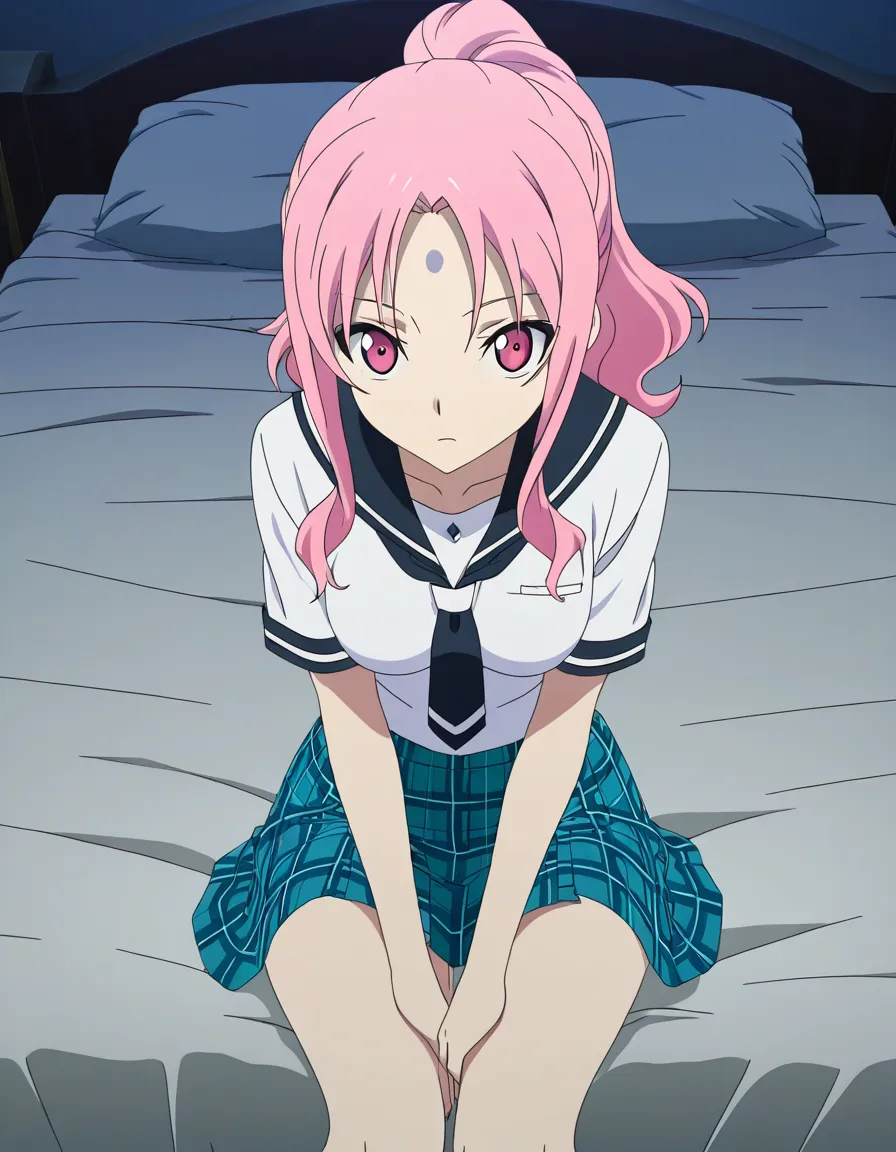 hentai_studio_quality, (anime style:1.3), 2d, anime screencap, cel shading, flat color.  girl with pale pink eyes, long wavy pale pink hair, bangs pulled up in a short_ponytail, bare forehead, school_uniform, light blue plaid skirt, sitting in bed against the headboard, shirt open, medium_breasts, breasts_out, lactation, smiling lovingly BREAK school nurses office, hentai_studio_quality, hentai_studio_quality