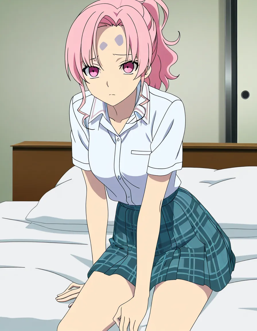 hentai_studio_quality, (anime style:1.3), 2d, anime screencap, cel shading, flat color.  girl with pale pink eyes, long wavy pale pink hair, bangs pulled up in a short_ponytail, bare forehead, school_uniform, light blue plaid skirt, sitting in bed in a school nurse's office, shirt open, medium_breasts, breasts_out, lactation, smiling lovingly, cradling a doll, hentai_studio_quality, hentai_studio_quality, hentai_studio_quality, hentai_studio_quality