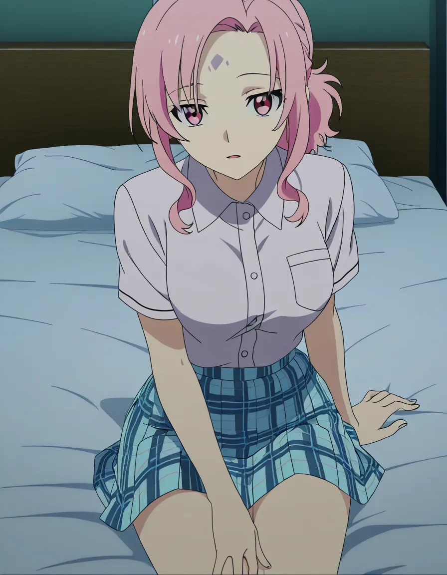 hentai_studio_quality, (anime style:1.3), 2d, anime screencap, cel shading, flat color. girl with pale pink eyes, long wavy pale pink hair, bangs pulled up in a short_ponytail, bare forehead, school_uniform, light blue plaid skirt, sitting in bed in a school nurse's office, shirt open, breasts_out, lactation, smiling lovingly hentai_studio_quality, hentai_studio_quality, hentai_studio_quality, hentai_studio_quality, hentai_studio_quality, hentai_studio_quality