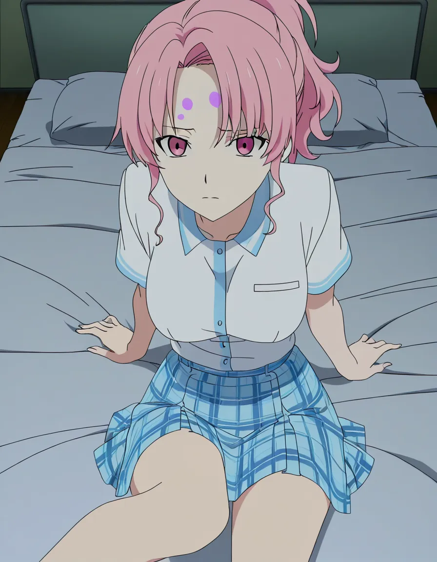 hentai_studio_quality, (anime style:1.3), 2d, anime screencap, cel shading, flat color. girl with pale pink eyes, long wavy pale pink hair, bangs pulled up in a short_ponytail, bare forehead, school_uniform, light blue plaid skirt, sitting in bed in a school nurse's office, shirt open, breasts_out, lactation, smiling lovingly, hentai_studio_quality