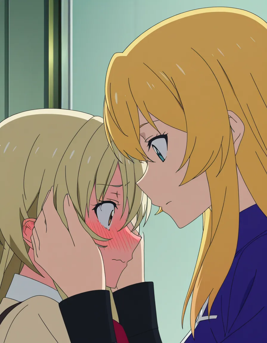 hentai_studio_quality, (anime style:1.3), 2d, anime screencap, cel shading, flat color. size_difference. 2girls. futa_with_female. side view. Taller futanari woman, hands_on_own_face, blushing, embarrassed, looking down at shorter girl, long blonde_hair, blue_eyes, naked,  looking up, performing fellatio on the futanari BREAK bedroom, night, hentai_studio_quality, hentai_studio_quality, hentai_studio_quality