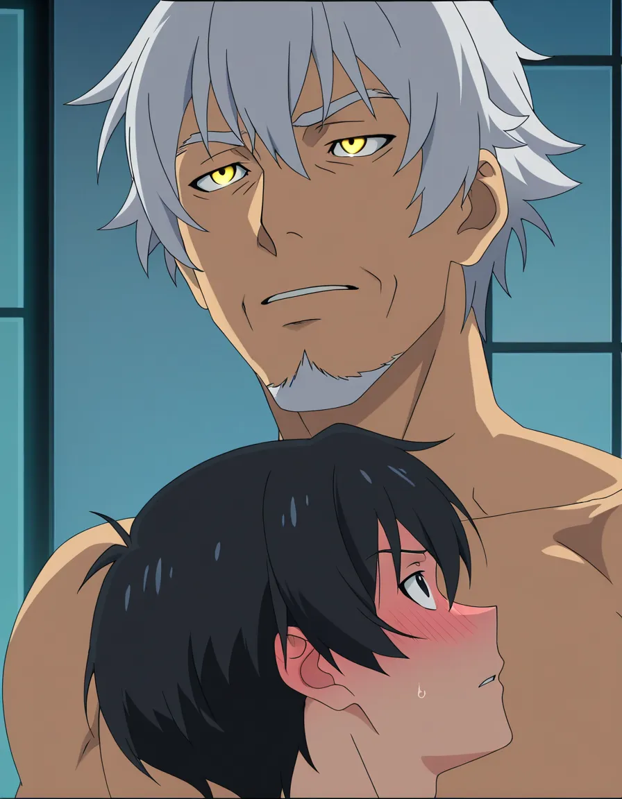hentai_studio_quality, (anime style:1.3), 2d, anime screencap, cel shading, flat color. size_difference, yaoi, shorter boy, black_hair, black eyes, deressed casual, blushing, looking up at tall, handsome man, white hair, yellow_eyes, facial_hair, in topless_male, muscular, sweatpants, glaring down at him BREAK apartment front door, hentai_studio_quality, hentai_studio_quality, hentai_studio_quality