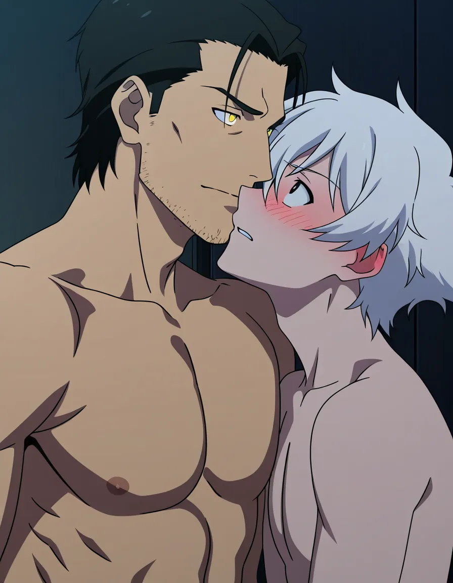 hentai_studio_quality, (anime style:1.3), 2d, anime screencap, cel shading, flat color. size_difference, yaoi, shorter boy, black_hair, black eyes, deressed casual, blushing, looking up at tall, handsome man, white hair, yellow_eyes, stubble, in topless_male, muscular, sweatpants, glaring down at him BREAK apartment front door, hentai_studio_quality, hentai_studio_quality, hentai_studio_quality, hentai_studio_quality