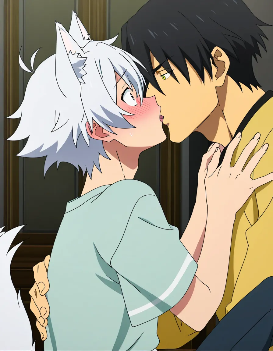 hentai_studio_quality, (anime style:1.3), 2d, anime screencap, cel shading, flat color. size_difference, yaoi, shorter boy, short black_hair, black eyes, dressed casual, blushing, french_kiss tall, handsome man, white hair, yellow_eyes, wolf_ears, wolf_tail, fangs, stubble, topless_male, muscular, sweatpants, glaring down at him BREAK japanese bedroom night, hentai_studio_quality, hentai_studio_quality, hentai_studio_quality, hentai_studio_quality, hentai_studio_quality, hentai_studio_quality