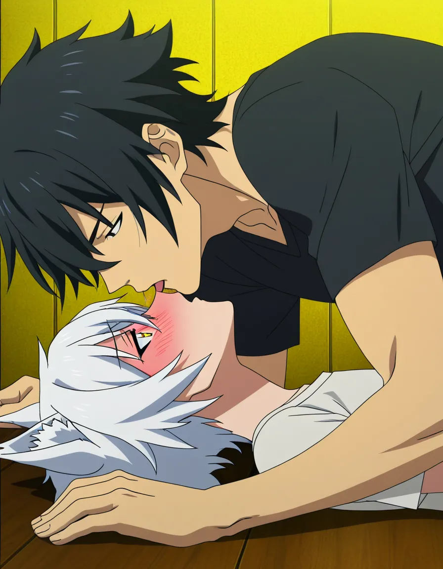 hentai_studio_quality, (anime style:1.3), 2d, anime screencap, cel shading, flat color. size_difference, yaoi, shorter boy, short black_hair, black eyes, dressed casual, blushing, on_back, french kissing a tall, handsome man, white hair, yellow_eyes, wolf_ears, wolf_tail, fangs, stubble, topless_male, muscular, sweatpants, glaring down at him BREAK japanese bedroom night, hentai_studio_quality