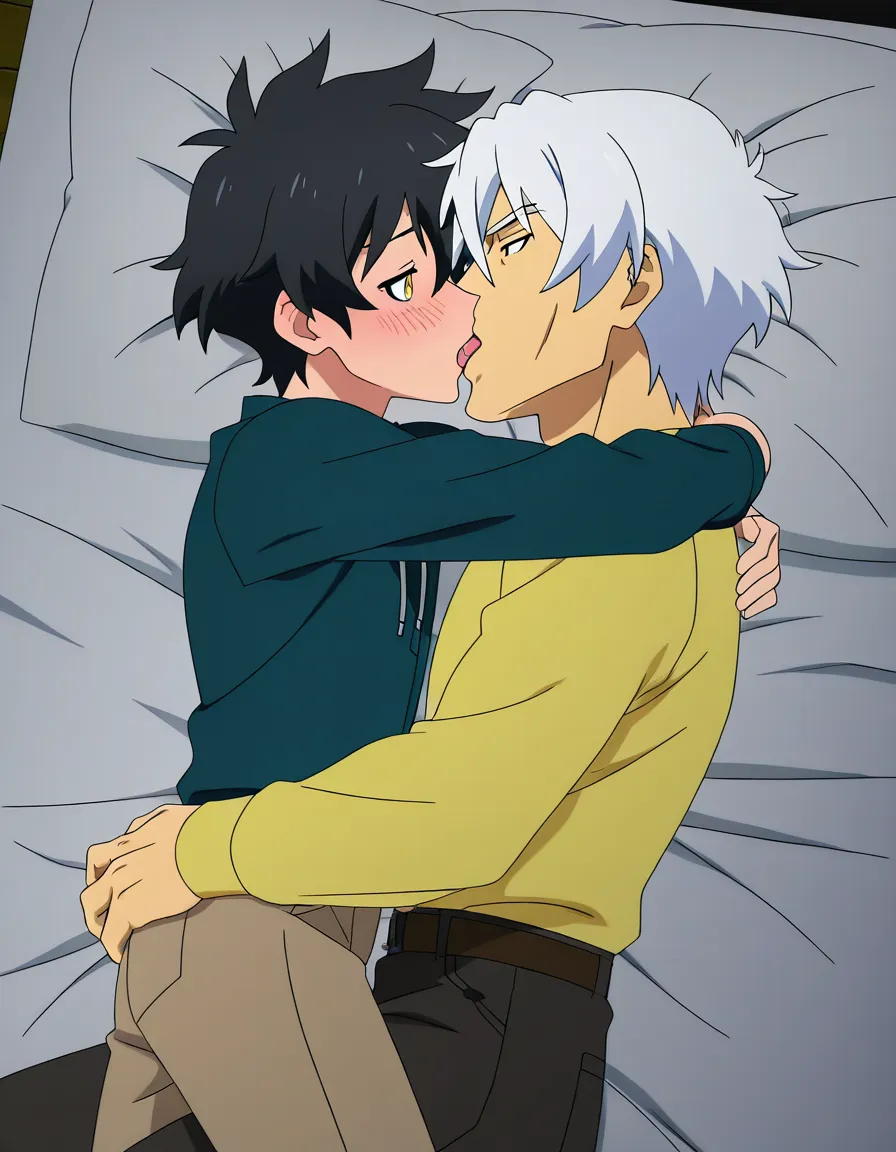 hentai_studio_quality, (anime style:1.3), 2d, anime screencap, cel shading, flat color. size_difference, yaoi, shorter boy, short black_hair, black eyes, dressed casual, blushing, laying on his back on a bed, french kissing a tall, handsome man, white hair, yellow_eyes, wolf_ears, wolf_tail, fangs, stubble, topless_male, muscular, sweatpants, glaring down at him BREAK bedroom night, hentai_studio_quality, hentai_studio_quality