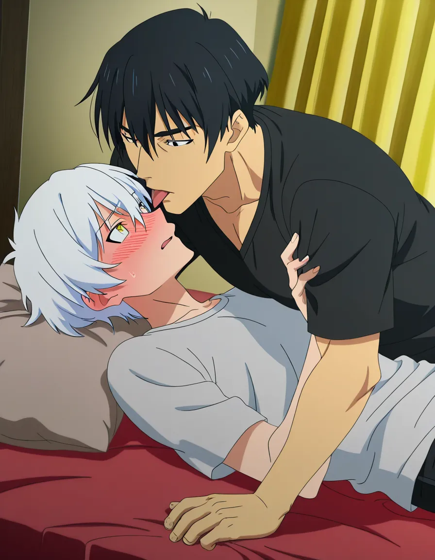 hentai_studio_quality, (anime style:1.3), 2d, anime screencap, cel shading, flat color. size_difference, yaoi, shorter boy, short black_hair, black eyes, dressed casual, blushing, laying on his back on a bed, french kissing a tall, handsome man, white hair, yellow_eyes, wolf_ears, wolf_tail, fangs, stubble, topless_male, muscular, sweatpants, glaring down at him BREAK bedroom night, hentai_studio_quality, hentai_studio_quality, hentai_studio_quality, hentai_studio_quality, hentai_studio_quality