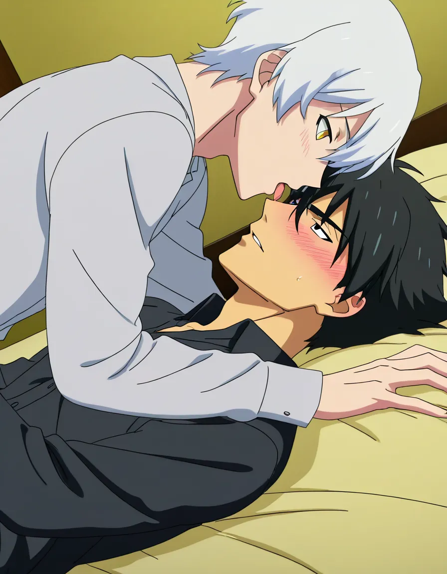 hentai_studio_quality, (anime style:1.3), 2d, anime screencap, cel shading, flat color. size_difference, yaoi. shorter boy, short black_hair, black eyes, dressed casual, blushing, laying on his back on a bed, french kissing a tall, handsome man, white hair, yellow_eyes, wolf_ears, wolf_tail, fangs, stubble, topless_male, muscular, sweatpants, glaring down at him BREAK bedroom night, hentai_studio_quality, hentai_studio_quality