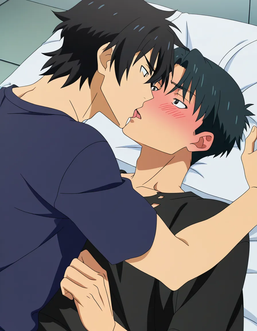 hentai_studio_quality, (anime style:1.3), 2d, anime screencap, cel shading, flat color. size_difference, yaoi. shorter boy, short black_hair, black eyes, dressed casual, blushing, laying on his back on a bed, torn_clothes, french kissing a tall, handsome man, white hair, yellow_eyes, wolf_ears, wolf_tail, fangs, stubble, topless_male, muscular, naked, ripping the other's clothes BREAK bedroom night, hentai_studio_quality