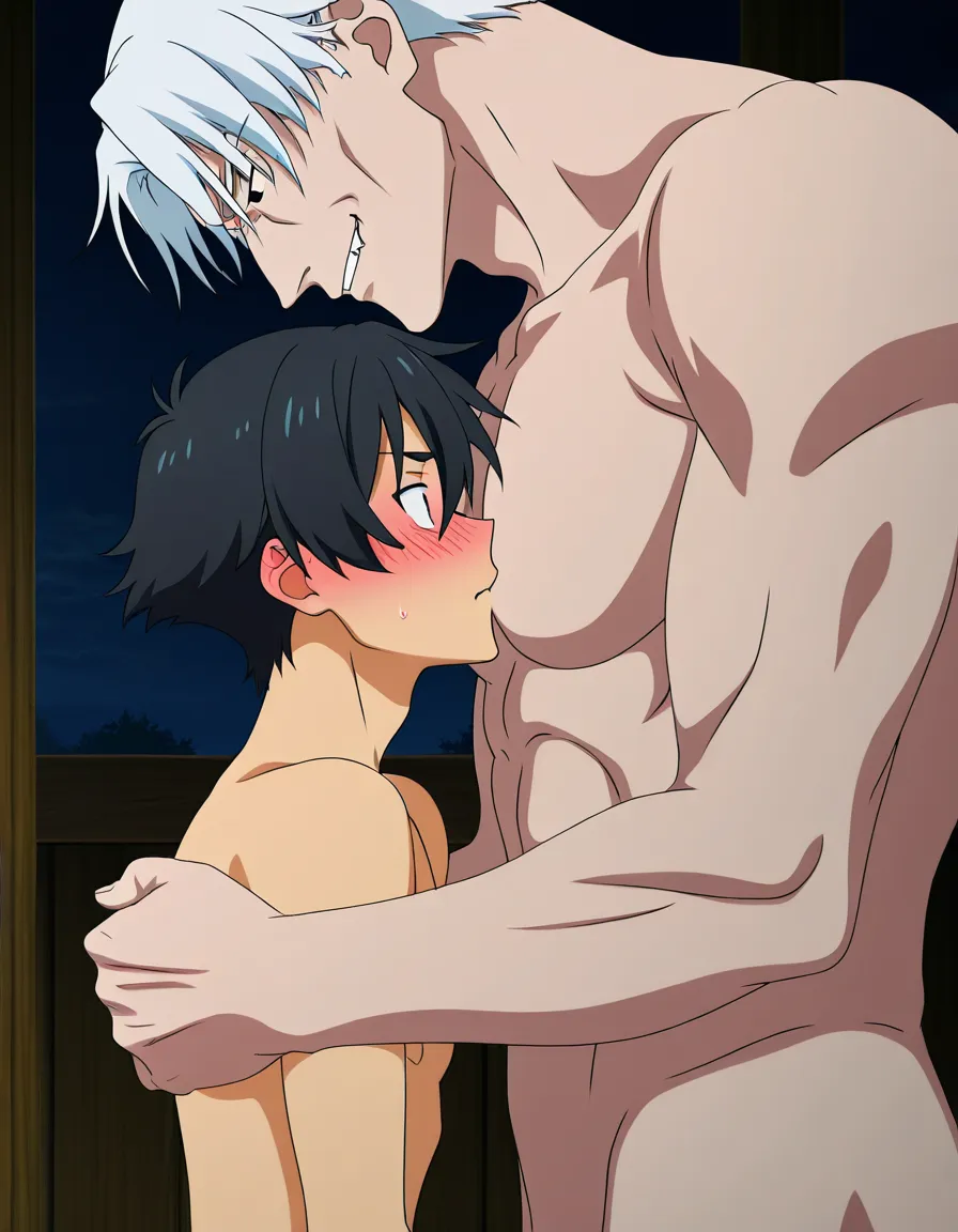 hentai_studio_quality, (anime style:1.3), 2d, anime screencap, cel shading, flat color. yaoi. size_difference. Shorter boy with short_hair, black_hair, black eyes, naked, blushing, being held by a tall, handsome man with short_hair, white_hair, vampire, biting his neck BREAK bedroom, night,, hentai_studio_quality, hentai_studio_quality, hentai_studio_quality, hentai_studio_quality, hentai_studio_quality