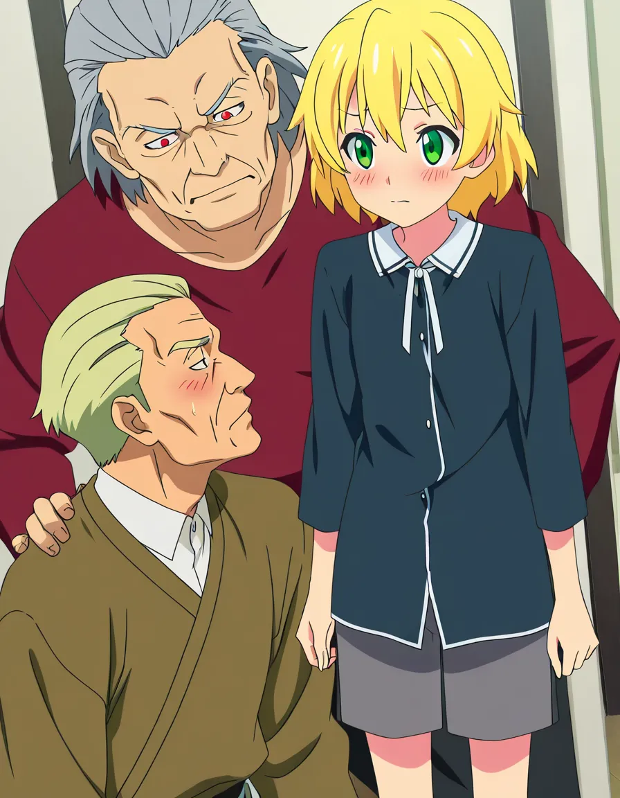 hentai_studio_quality, (anime style:1.3), 2d, anime screencap, cel shading, flat color. yaoi, age_difference, older man, hair_slicked_back, grey_hair, red_eyes, blush, standing, leaning down, younger man, blonde_hair, green_eyes, blush, dressed casual, sitting at grand piano, looking up, imminent_kiss BREAK music room, hentai_studio_quality