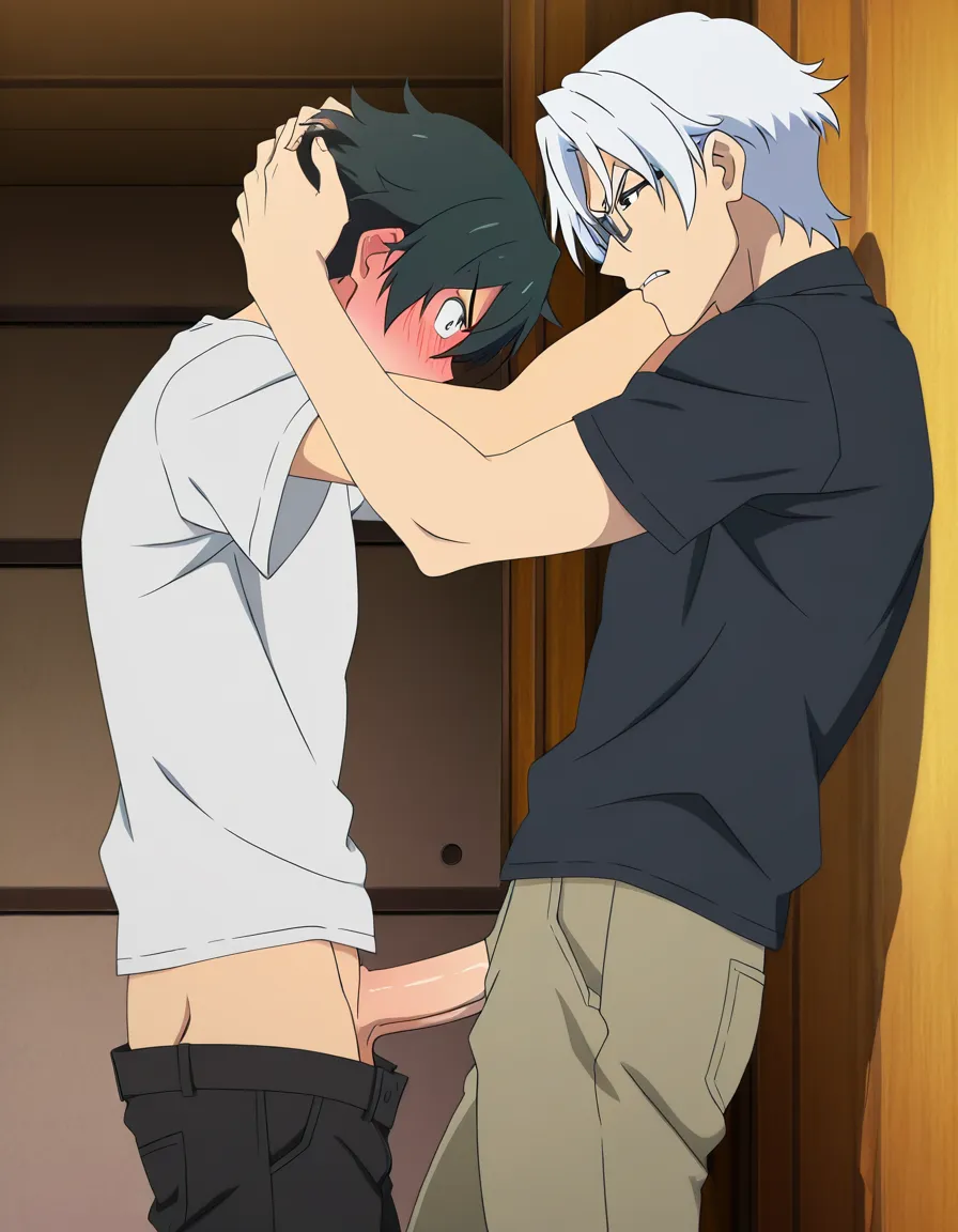 hentai_studio_quality, masterpiece quality, (anime style:1.3), 2d, anime screencap, cel shading, flat color. yaoi, fellatio, tall male with white_hair, grey_eyes, glasses, casual, pants down, blushing, angry, standing, hands on the head of shorter male, short_hair, black_hair, kneeling, dressed casually, deep throating the other male's penis, closed_eyes, tears, blushing BREAK bedroom, night, lamp lit, hentai_studio_quality, hentai_studio_quality, hentai_studio_quality, hentai_studio_quality