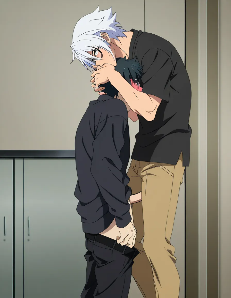 hentai_studio_quality, masterpiece quality, (anime style:1.3), 2d, anime screencap, cel shading, flat color. yaoi, fellatio, tall male with white_hair, grey_eyes, glasses, casual, pants down, blushing, angry, standing, hands on the head of shorter male, short_hair, black_hair, kneeling, dressed casually, deep throating the other male's penis, closed_eyes, tears, blushing BREAK bedroom, night, lamp lit, hentai_studio_quality, hentai_studio_quality, hentai_studio_quality, hentai_studio_quality, hentai_studio_quality