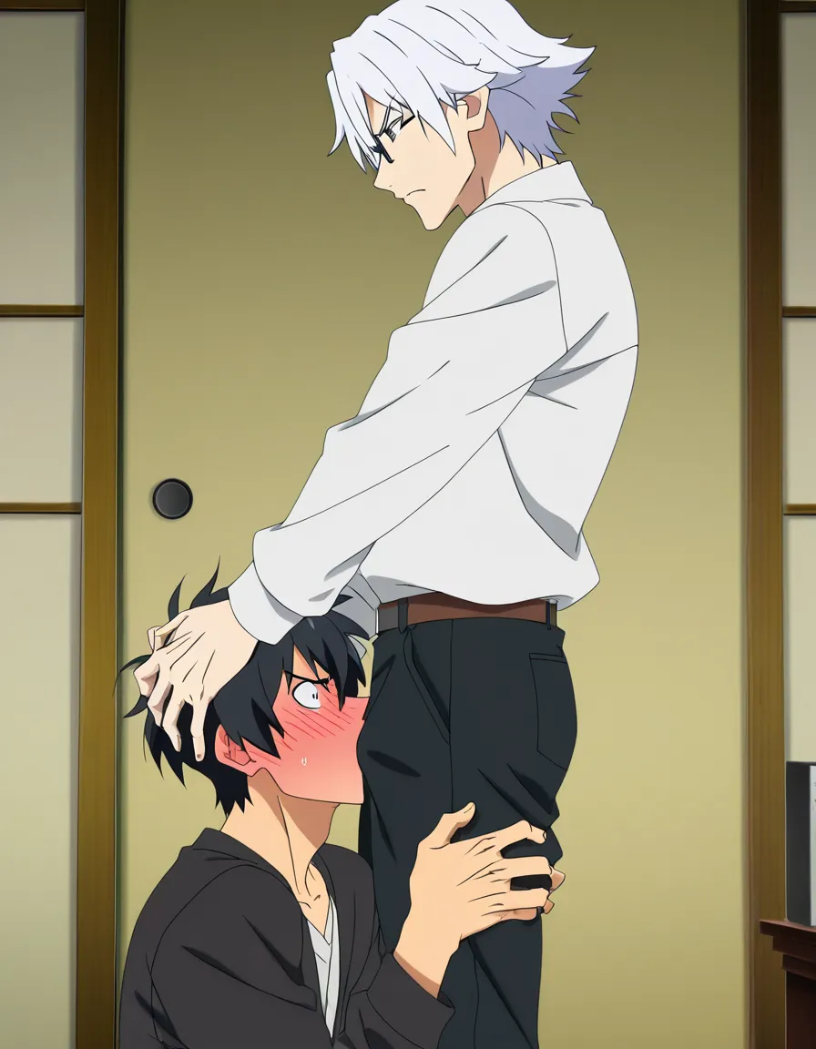 hentai_studio_quality, masterpiece quality, (anime style:1.3), 2d, anime screencap, cel shading, flat color. yaoi, fellatio, tall male with white_hair, grey_eyes, glasses, casual, pants down, blushing, angry, standing, hands on the head of shorter male, short_hair, black_hair, kneeling, dressed casually, deep throating the other male's penis, closed_eyes, tears, blushing BREAK bedroom, night, lamp lit, hentai_studio_quality, hentai_studio_quality, hentai_studio_quality, hentai_studio_quality, hentai_studio_quality, hentai_studio_quality