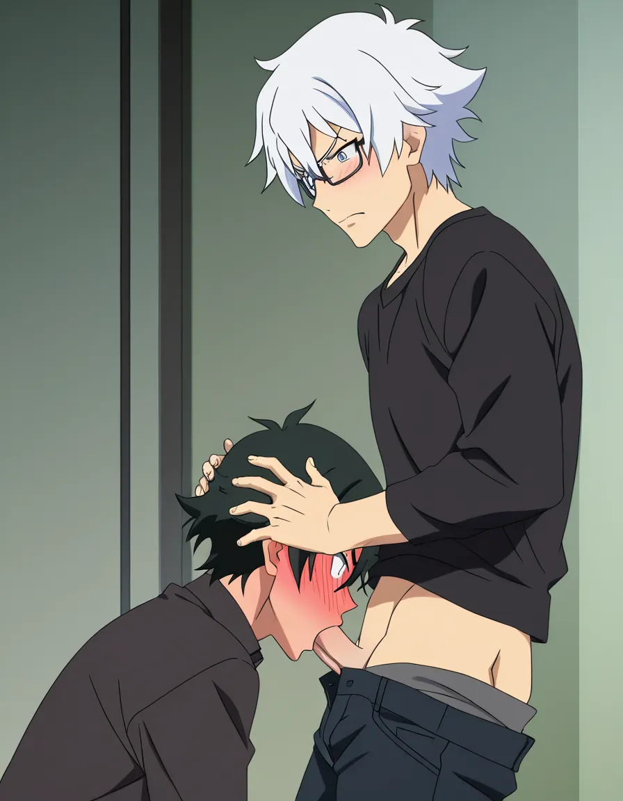 hentai_studio_quality, masterpiece quality, (anime style:1.3), 2d, anime screencap, cel shading, flat color. yaoi, fellatio, tall male with white_hair, grey_eyes, glasses, casual, pants down, blushing, angry, standing, hands on the head of shorter male, short_hair, black_hair, kneeling, dressed casually, deep throating the other male's penis, closed_eyes, tears, blushing BREAK bedroom, night, lamp lit, hentai_studio_quality, hentai_studio_quality, hentai_studio_quality, hentai_studio_quality, hentai_studio_quality, hentai_studio_quality, hentai_studio_quality