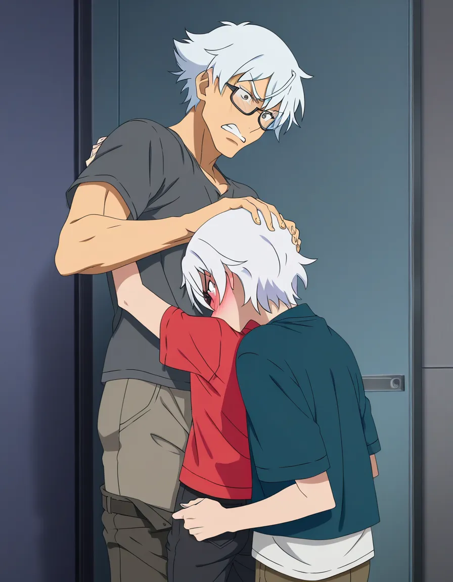 hentai_studio_quality, masterpiece quality, (anime style:1.3), 2d, anime screencap, cel shading, flat color. yaoi, size_difference, fellatio, tall male with white_hair, grey_eyes, glasses, casual, pants down, blushing, angry, standing, hands on the head of shorter male, short_hair, black_hair, kneeling, dressed casually, deep throating the other male's penis, hands on the man's hips, closed_eyes, tears, blushing BREAK bedroom, desk in the background with books and papers, hentai_studio_quality, hentai_studio_quality, hentai_studio_quality