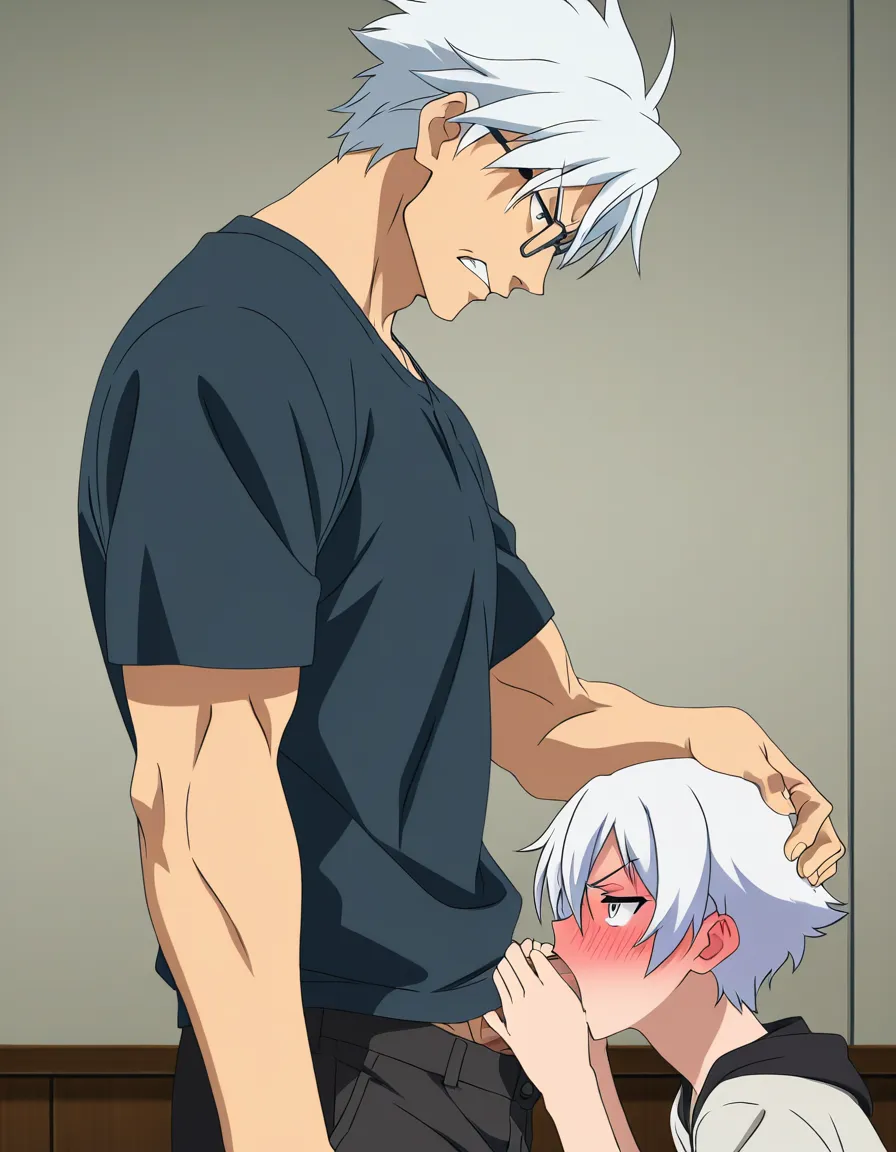 hentai_studio_quality, masterpiece quality, (anime style:1.3), 2d, anime screencap, cel shading, flat color. yaoi, size_difference, fellatio, tall male with white_hair, grey_eyes, glasses, casual, pants down, blushing, angry, standing, hands on the head of shorter male, short_hair, black_hair, kneeling, dressed casually, deep throating the other male's penis, hands on the man's hips, closed_eyes, tears, blushing BREAK bedroom, desk in the background with books and papers, hentai_studio_quality, hentai_studio_quality, hentai_studio_quality, hentai_studio_quality