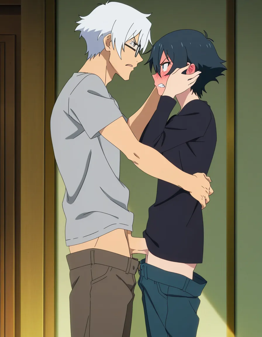 masterpiece quality, (anime style:1.3), 2d, anime screencap, cel shading, flat color. yaoi, size_difference, fellatio, tall, average male with white_hair, grey_eyes, glasses, casual, pants down, blushing, angry, standing, hands on the head of shorter male, short_hair, black_hair, kneeling, shirt, shorts, deep throating the other male's penis, hands on the man's hips, closed_eyes, tears, blushing BREAK bedroom, desk in the background with books and papers, hentai_studio_quality, hentai_studio_quality