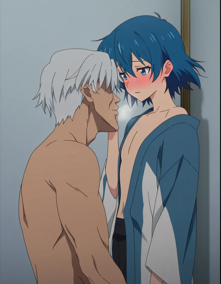masterpiece quality, best quality, very aesthetic, (anime style:1.3), 2d, anime screencap, cel shading, flat color. yaoi, size_difference, age age_difference, handsome man, white_hair, bangs, open kimono, blushing, heavy_breathing, standing_sex, anal with smaller, younger male with messy blue hair, blue eyes, glasses, sharp_teeth, leg_up, gakuran, pants down, ahegao BREAK hallway, wooden_floor,, hentai_studio_quality, hentai_studio_quality, hentai_studio_quality, hentai_studio_quality