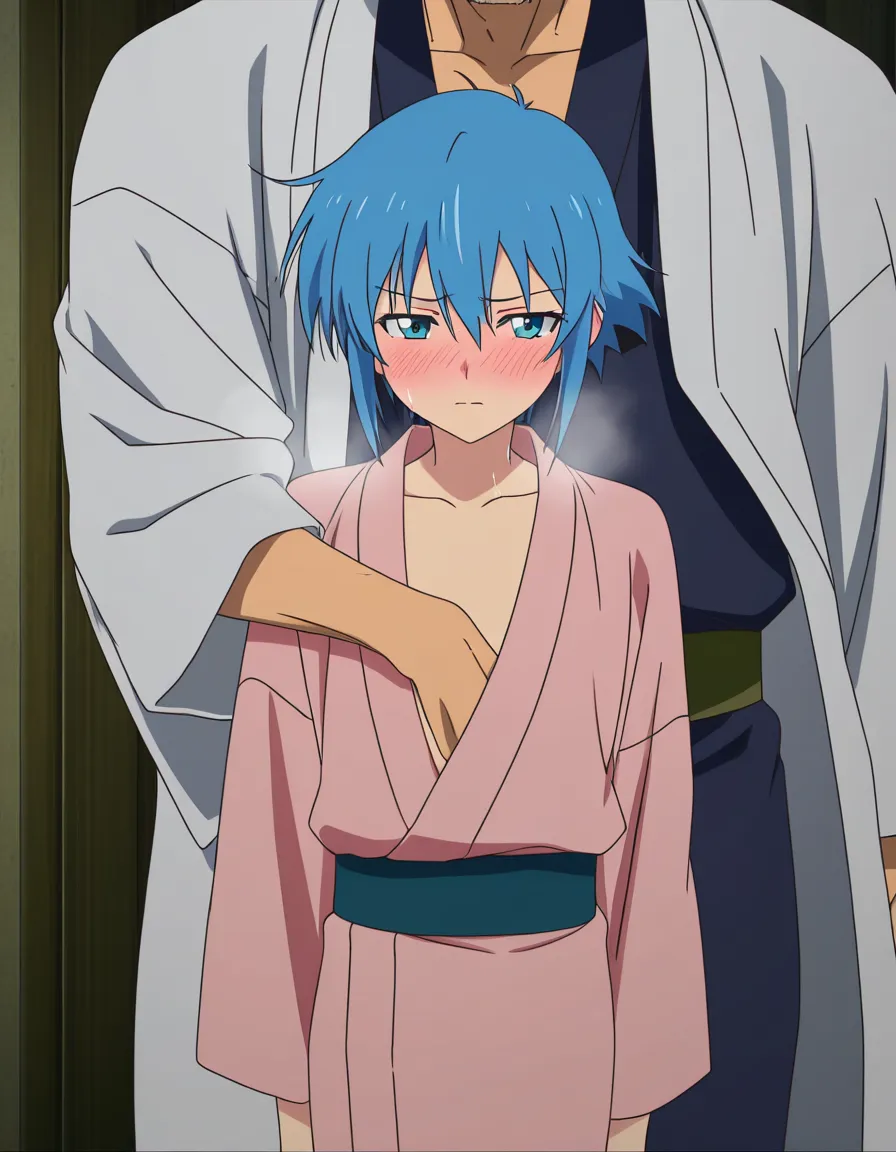 masterpiece quality, best quality, very aesthetic, (anime style:1.3), 2d, anime screencap, cel shading, flat color. yaoi, size_difference, age age_difference, handsome man, white_hair, bangs, open kimono, blushing, heavy_breathing, standing_sex, anal with smaller, younger male with messy blue hair, blue eyes, glasses, sharp_teeth, leg_up, gakuran, pants down, ahegao BREAK hallway, wooden_floor,, hentai_studio_quality, hentai_studio_quality, hentai_studio_quality, hentai_studio_quality, hentai_studio_quality