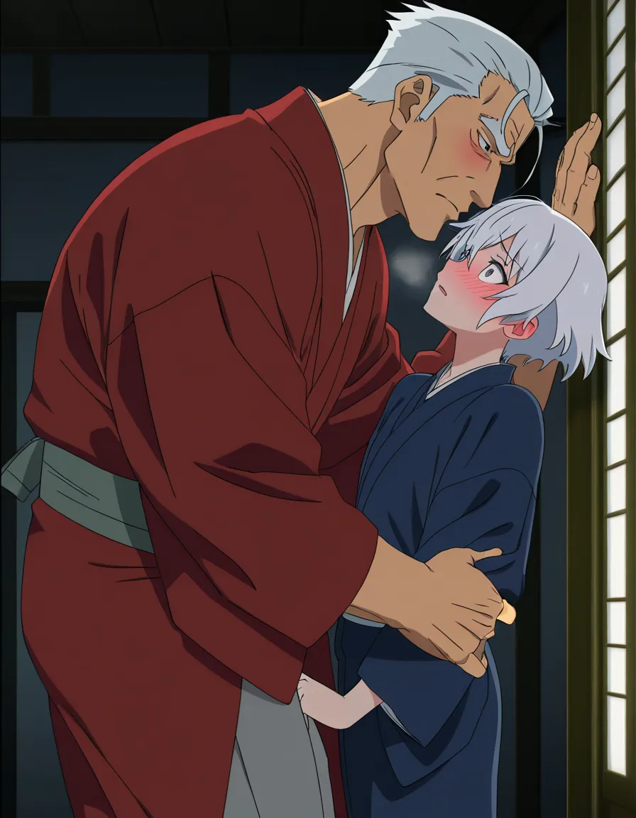 masterpiece quality, best quality, super detailed, aesthetic lighting (anime style:1.3), 2d, anime screencap, cel shading, flat color. yaoi, size_difference, age age_difference, tall handsome man, grey_eyes, short_hair, white_hair, bangs, kimono, blushing, heavy_breathing, standing_sex, anal with smaller, younger male, blue_hair, ahoge, blue eyes, standing, leg_up, kimono, ahegao BREAK classroom, night, hentai_studio_quality, hentai_studio_quality, hentai_studio_quality, hentai_studio_quality, hentai_studio_quality