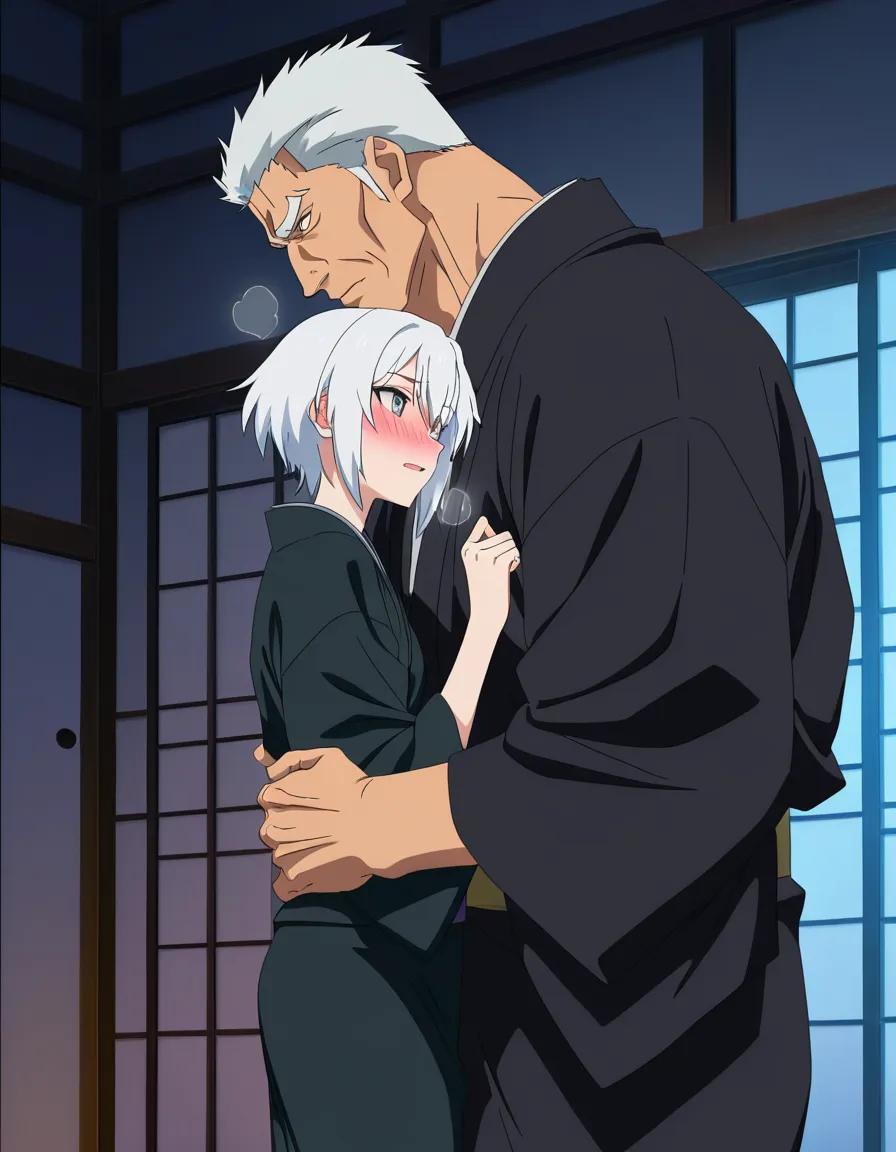 masterpiece quality, best quality, super detailed, aesthetic lighting (anime style:1.3), 2d, anime screencap, cel shading, flat color. yaoi, size_difference, age age_difference, tall handsome man, grey_eyes, short_hair, white_hair, bangs, black kimono, blushing, heavy_breathing, standing_sex, anal with smaller, younger male, blue_hair, ahoge, blue eyes, standing, leg_up, black kimono, ahegao BREAK japanese garden, night, hentai_studio_quality, hentai_studio_quality, hentai_studio_quality