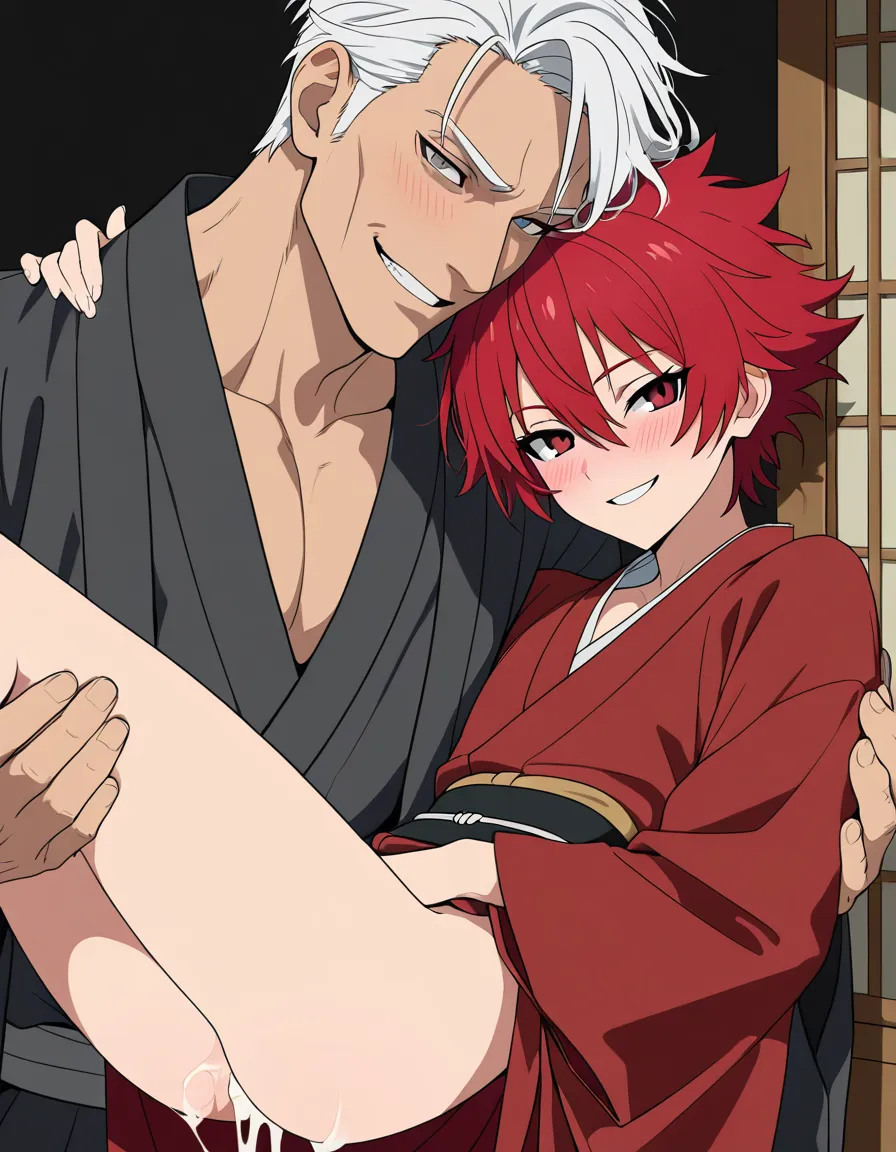 masterpiece, best quality, cel shading, flat color, yaoi, solo, male_focus, smile, blush, grin, after_sex, petite male, spiky red hair, red_eyes, raggedy brown kimono, cum_in_ass, princess_carry by tall, handsome man with white hair, bangs, grey_eyes, wearing black kimono BREAK alley way, old japanese town, night, hentai_studio_quality, hentai_studio_quality, hentai_studio_quality