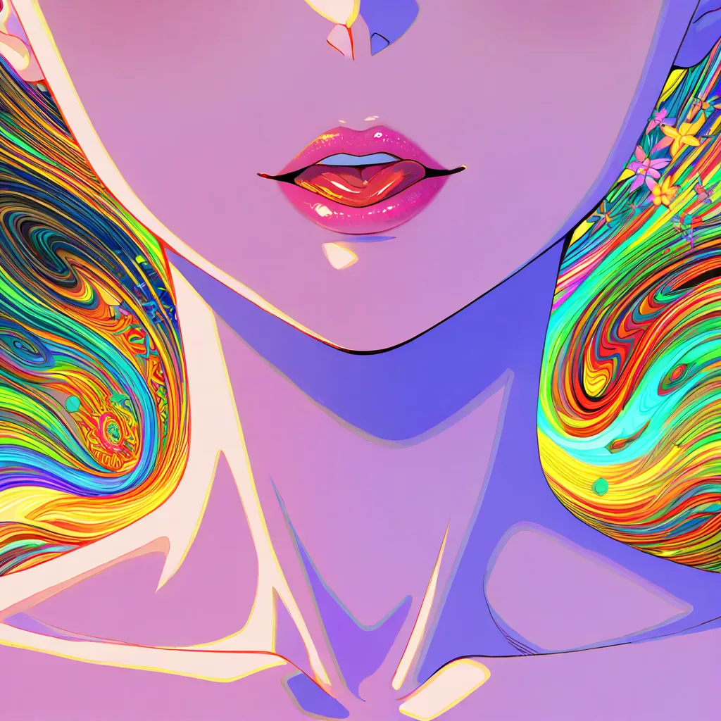 Close-up of glossy lips and the curve of a neck and collarbone, tongue gently touching the upper lip. The surrounding skin and background dissolve into continuous psychedelic morphing patterns — flowers becoming geometry becoming starfields. Tiny reflective droplets and soft bloom. Hyper-detailed texture, intense yet soft color grading (magenta–teal–gold), intimate and highly seductive., (anime style:1.3), 2d, anime screencap, cel shading, flat color, @00osamio00