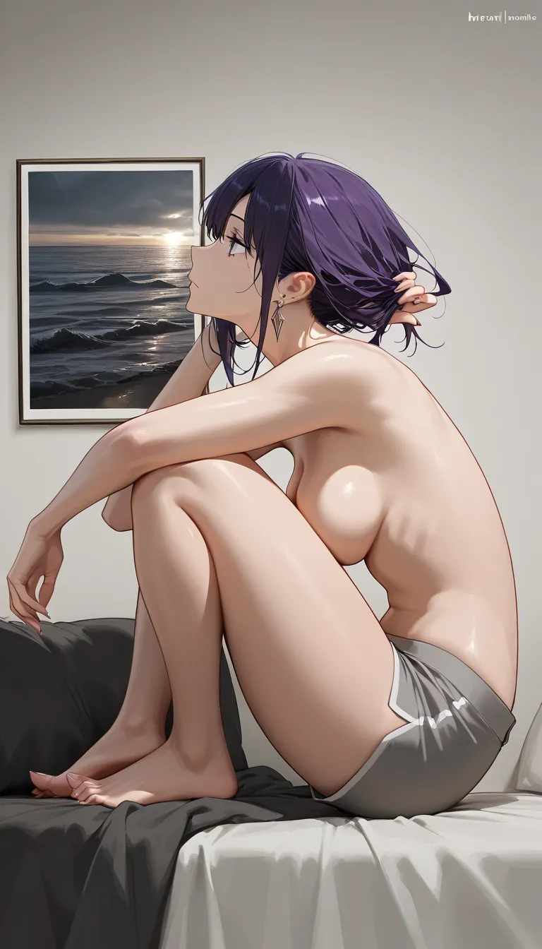 studio quality, sharp focus, demon girl, feet, jewelry, topless, bare breasts, hair pull, side view, RAW photo