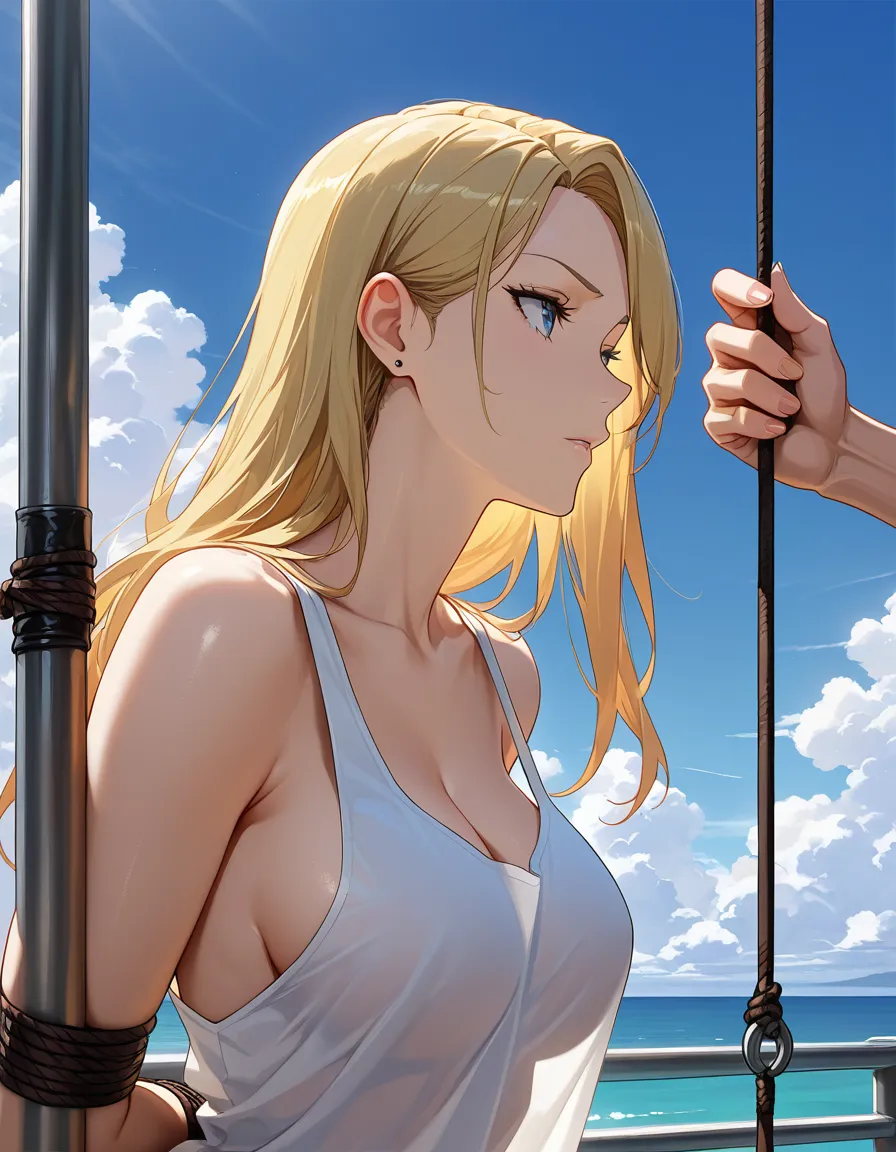 masterpiece, clean art, brunette woman, bondage, fingernails, blonde hair, sky, doujin style, no_bra , no_shirt, hentai_studio_quality