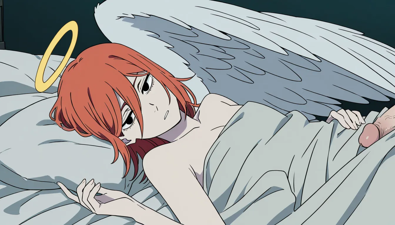 (chainsaw_man_style) (tatsuki_fujimoto_style), angel_devil_(chainsaw_man),
1femboy with pale skin and small erected penis, long_red_hair, angel_wings, halo, on_bed, otoko_no_ko, gay, anal_penetration,, interracial anal sex with black male, thigh_grab
big_black_cock, smirk_drooling, penis, erection, missionary, pov. feets_up, gay_sex, yaoi, male_only
angel devil has intensive interracial gay anal sex with black fat male deep anal, precum
5