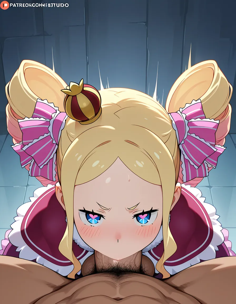 Beatrice (Re:Zero), huge penis, huge balls, pov blowjob, deep throat,, hentai_studio_quality, hentai_studio_quality