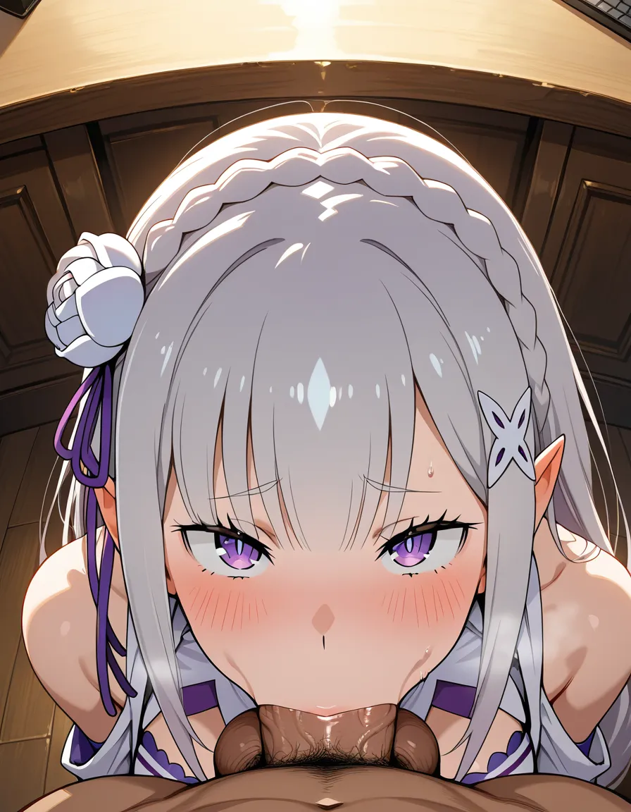 Emilia (Re:Zero), huge penis, huge balls, pov blowjob, deep throat,, hentai_studio_quality