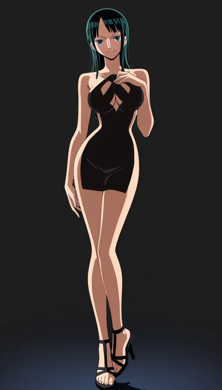 @nico_robin , /highres , /masterpiece , full_body , beautiful warm smile, beautiful face, gentle expression, standing, sexy pose, facing_viewer, black background, naked, high heel sandals, (anime style:1.3), 2d, anime screencap, cel shading, flat color, @00osamio00