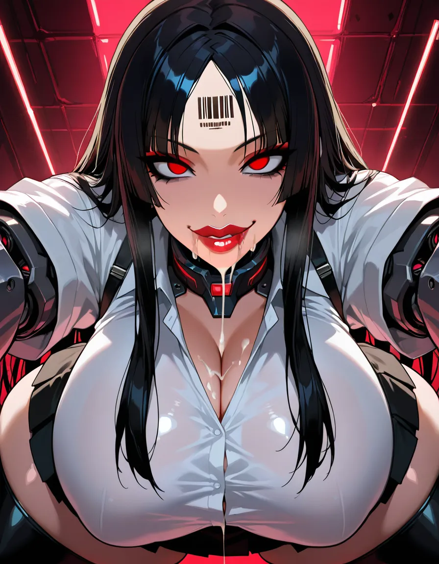 mechanical arms and legs robotic woman (white shirt, black leather miniskirt, long black fringe hair, makeup, red eyes, big lips, electronic collar, barcode tattoo on her forehead, gigantic huge breasts, thick_thighs, cum leaking, smile, blank_eyes, drooling, standing up), FIRST PERSON VIEW, face to face. BREAK : white viewer. BREAK : in a office room, realistic., hentai_studio_quality