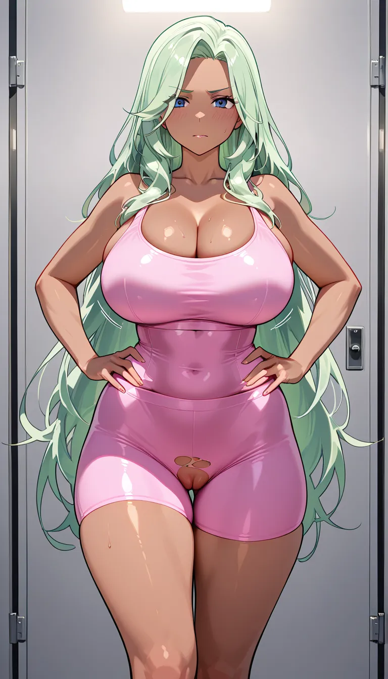 Front view, yoga pink top with cleavage,tight pink yoga shorts but torn showing pussy, hands on hips, thick thigh, jiggling breasts, 8K, high quality, clean lines, perfect face, incredibly detailed, green hair, very long hair, light green hair, blue eyes, (mature female), (dark skin), solo, 1female, large breasts,big ass, thick thigh, (woman 30 years old), looking at viewer, woman a bit curvy, (very happy expression), gym background