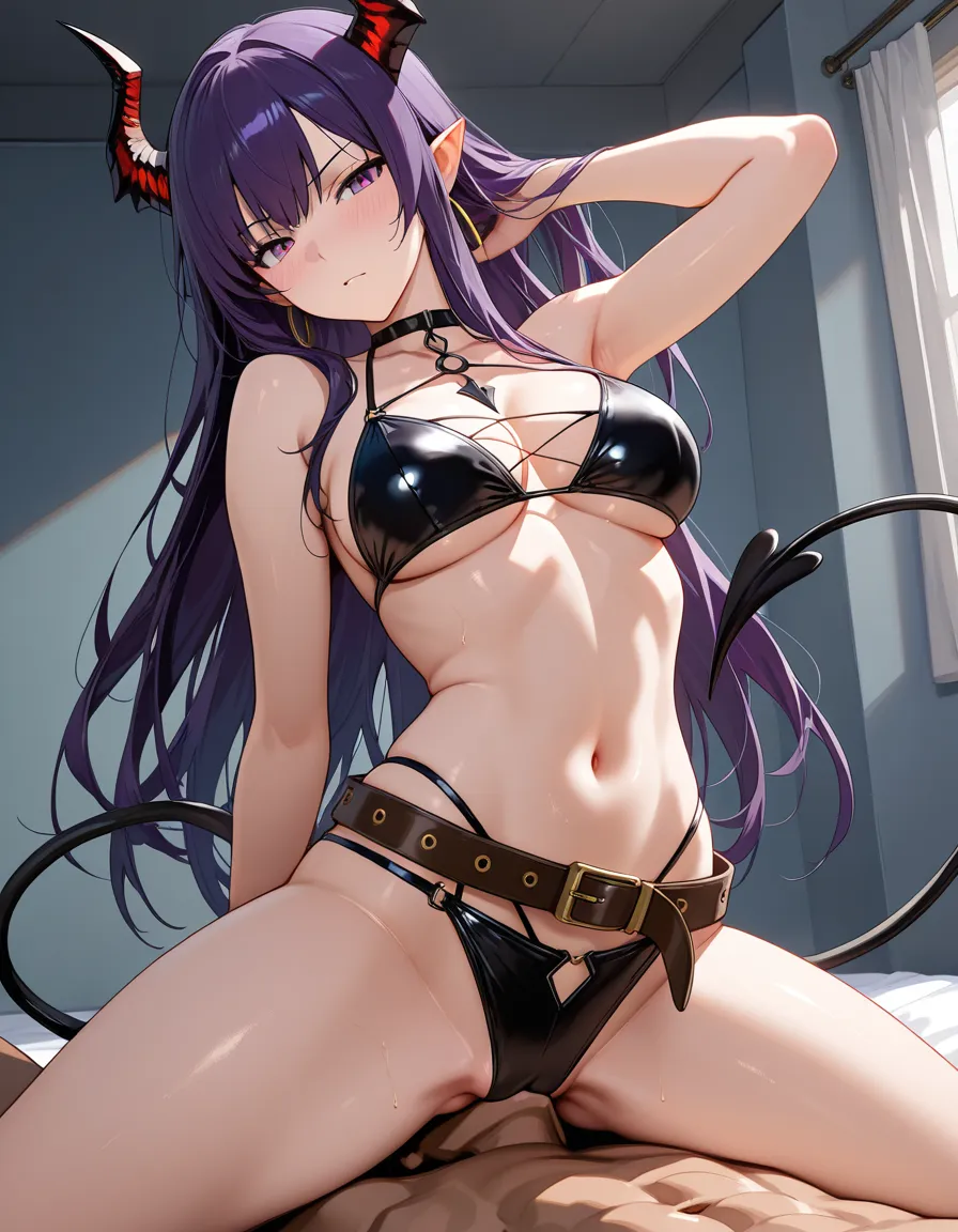 masterpiece, fine detail, demon girl, thighs, belt, 69 position, hentai style, hentai_studio_quality