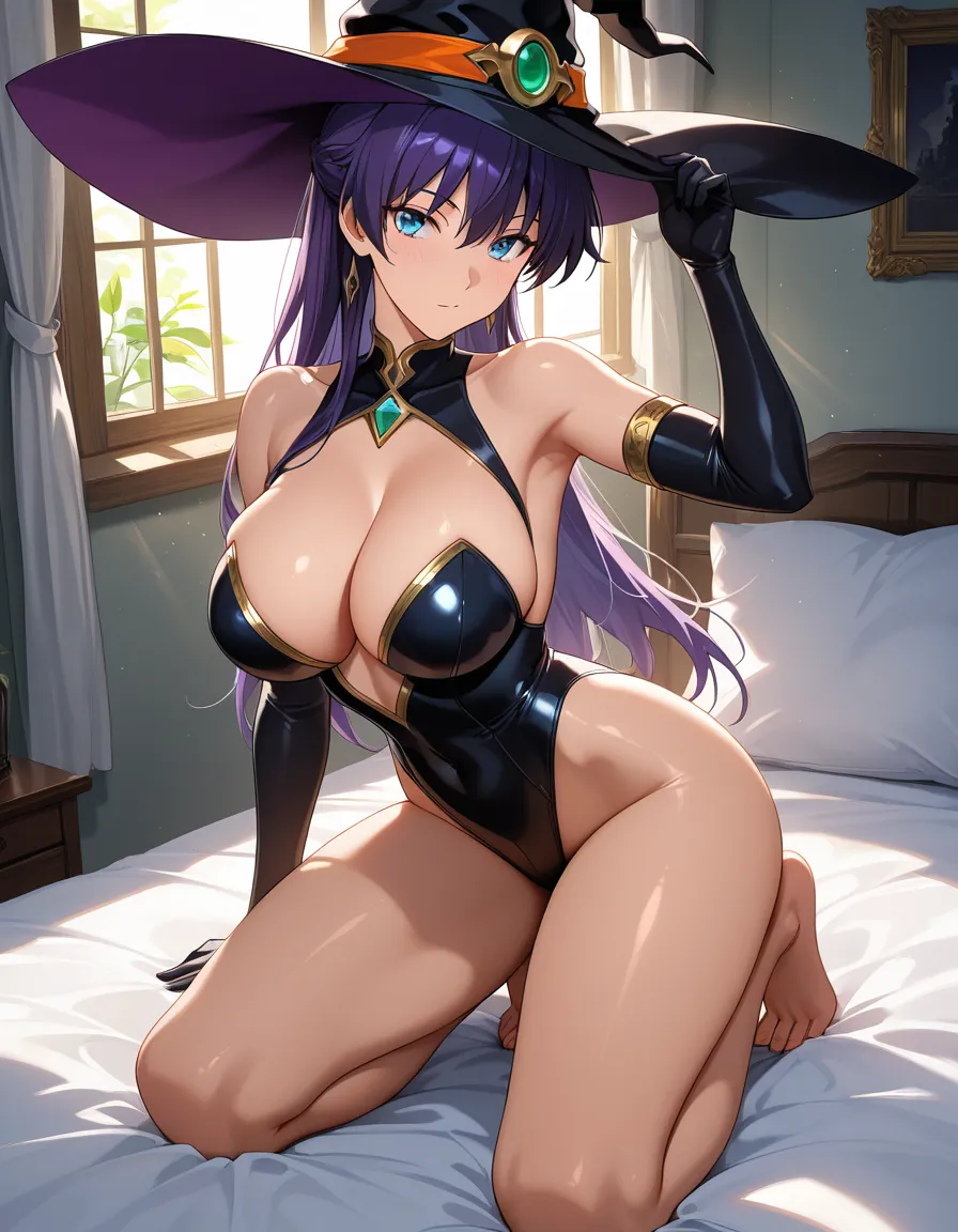 masterpiece, fine detail, witch, kneeling on bed, legs, sunlight, vivid anime colors, hentai_studio_quality