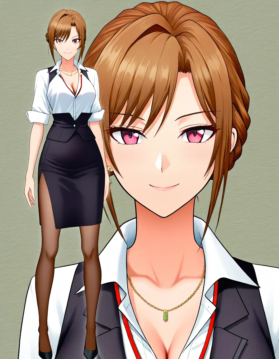 Full-body anime-style character illustration of an elegant adult Japanese businesswoman, shown standing upright in a relaxed three-quarter pose. She has a slim, feminine build and a calm, friendly expression with a subtle closed-mouth smile. Her head is slightly turned toward the viewer. She has warm medium-brown hair styled into a neat braided updo/bun, with loose bangs framing her forehead and a small pink hair clip on the right side. She wears thin, rounded burgundy/red eyeglasses with clear lenses and has large expressive brown anime-style eyes. Image should depict hardcore missionary sex, hentai_studio_quality