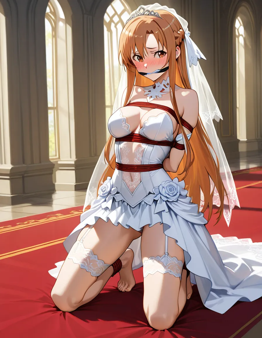 /masterpiece /highres /ultra_detailed @asuna_(sao) #public_indecency #bridal_garter #bridal_veil #wedding_dress #lace #revealing_clothes #embarrassed #kneeling #bondage #gagged, hentai_studio_quality