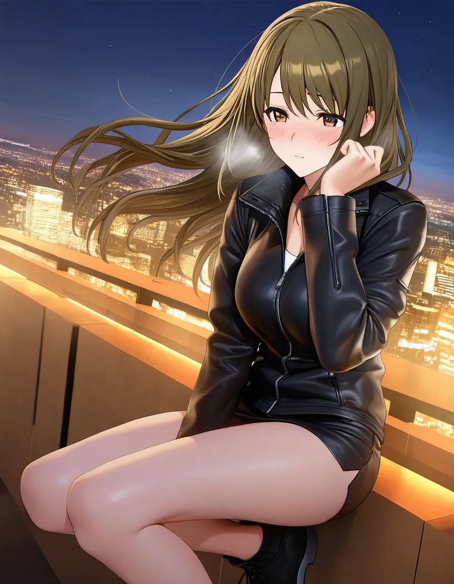3D Modeling Style,Nakazawa Kaori,1girl,solo,brown hair,brown eyes,long hair,blush,breath,jacket,shoes,mouth,hand up,<lora:SMAC_DBVR_illustriousXL:1>,, hentai_studio_quality