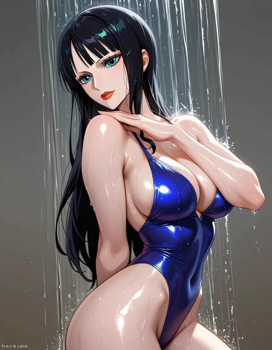 Nico Robin one-piece anime  shower and look happy, Correct body posture,  pose, Shiny white skin, eyes blue, high quality eyes, Puffy red lips, High quality lips, large , , Best Quality., hentai_studio_quality