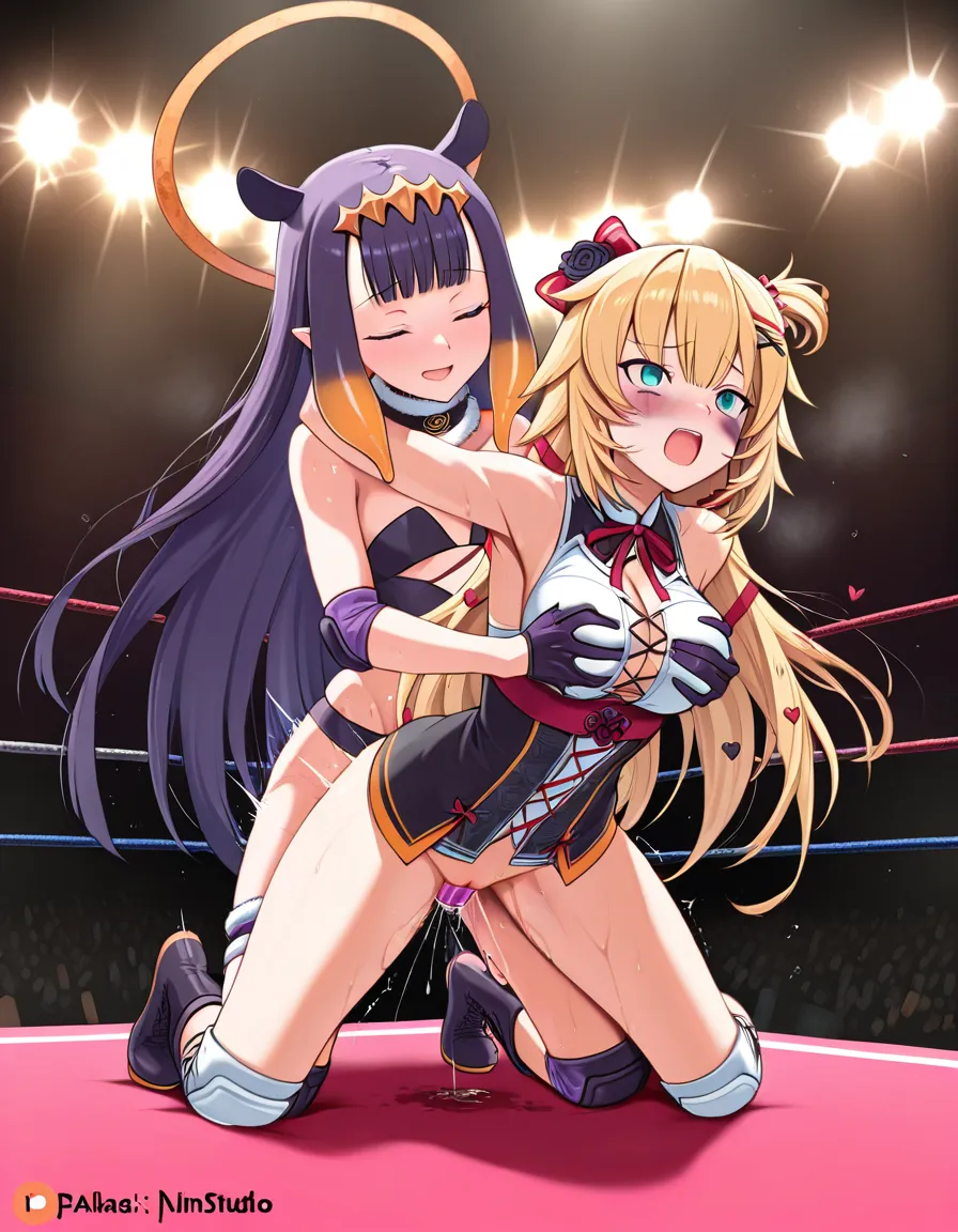 @ninomae_ina'nis , @akai_haato , 2 girls yuri sex, wrestling_ring, wrestling, strapon, vaginal_object_insertion , defeated bruised , pussy_juice orgasm,,, grabbing_another's_breast doggystyle,, hentai_studio_quality
