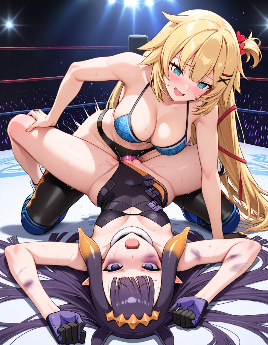 @ninomae_ina'nis , @akai_haato , 2 girls yuri sex, wrestling_ring, wrestling, strapon, vaginal_object_insertion , defeated bruised , pussy_juice orgasm, on_back missionary leg_up, hentai_studio_quality, hentai_studio_quality