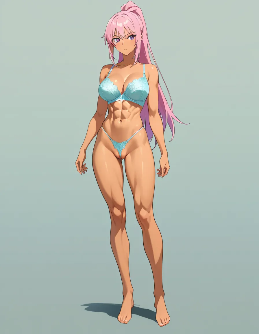 masterpiece, fine detail, anime style, light teal blue lingerie, Micro_thong, bra, rose-pink hair, long_hair, high_ponytail, royal purple_eyes, athletic, abs cleft_of_venus, partially_visible_vulva, standing, solo, 1girl, straight_hair, tan, straight-on, full_body, barefoot, black lipstick, black fingernails, black toenails, small_breasts, looking_at_viewer, looking_ahead, legs_apart,, (anime style:1.3), 2d, anime screencap, cel shading, flat color