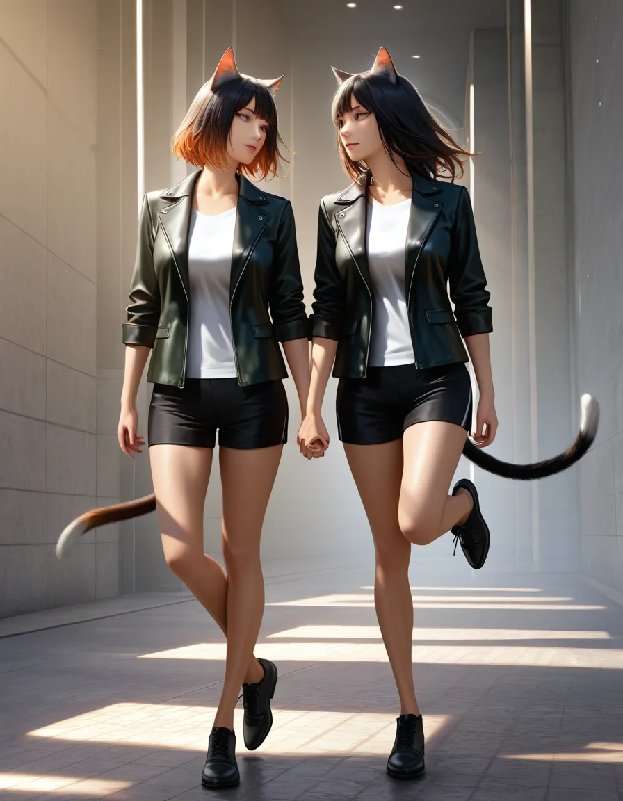 highly detailed, natural lighting, catgirl, holding hands, jacket, leg up, full body, photorealistic, hentai_studio_quality