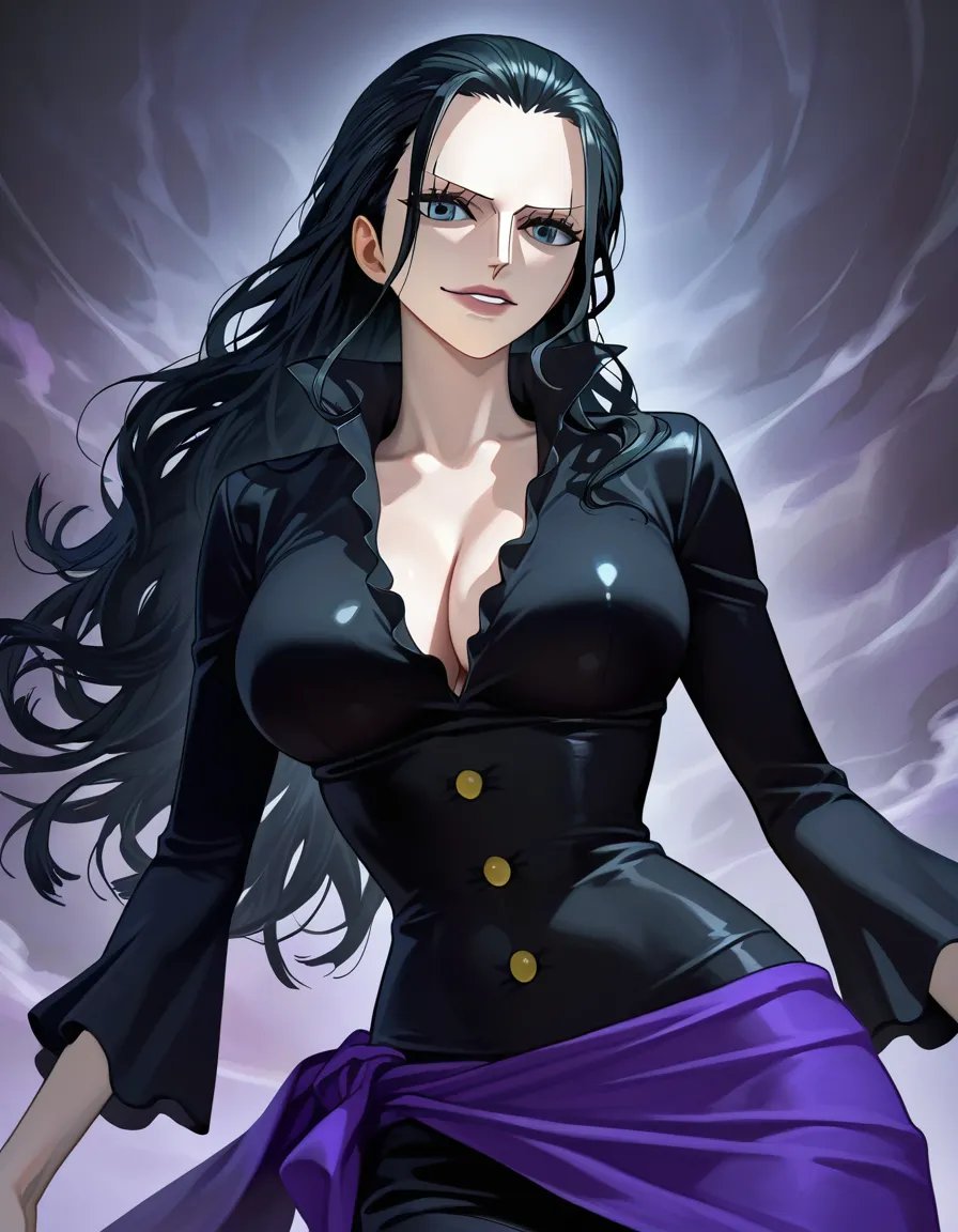 Cinematic anime shot of Nico Robin from One Piece, adult, tall elegant figure with medium-full breasts. Face: calm mysterious beauty, pale skin, long dark lashes, pale blue-grey eyes with a knowing soft smile, slender brows, refined nose, full lips, long wavy black hair. Outfit: dark elegant blouse with a few buttons open, fabric resting naturally over her shape. Pose: sitting with legs crossed, one hand supporting her chin, looking at the viewer with quiet curiosity. Landscape. Pure black seamless background, single soft rim light. Polished atmospheric anime style, no text., hentai_studio_quality