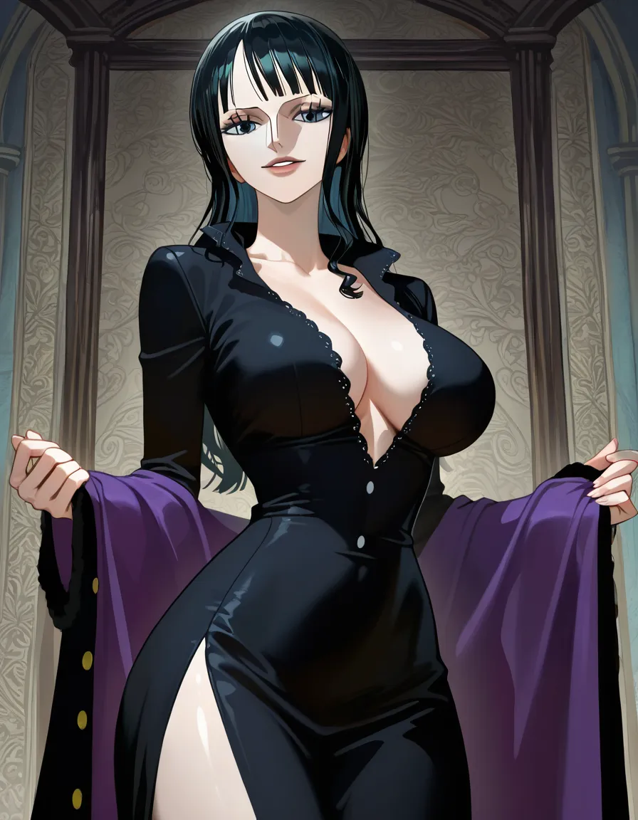 Cinematic anime shot of Nico Robin from One Piece, adult, tall elegant figure with medium-full breasts. Face: calm mysterious beauty, pale skin, long dark lashes, pale blue-grey eyes with a knowing soft smile, slender brows, refined nose, full lips, long wavy black hair. Outfit: dark elegant blouse with a few buttons open, fabric resting naturally over her shape. Pose: sitting with legs crossed, one hand supporting her chin, looking at the viewer with quiet curiosity. Landscape. Pure black seamless background, single soft rim light. Polished atmospheric anime style, no text., hentai_studio_quality