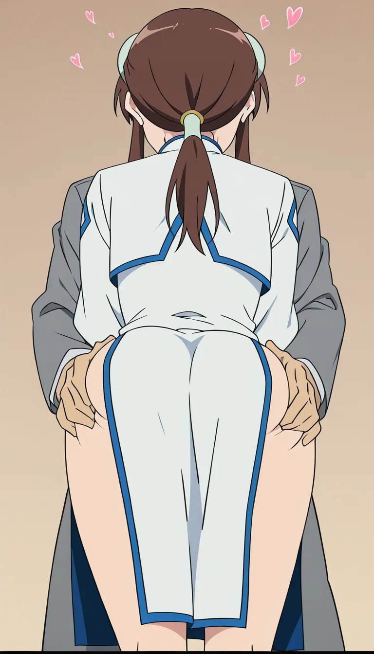 chinese girl wearing white qipao gets fucked from behind by man grabbing ass while gasping for air and with hearts around her head